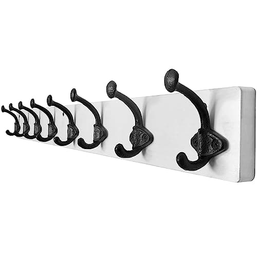 WEBI Rustic Brown Wall Mount Coat Rack with 5 Cast Iron Hooks — White