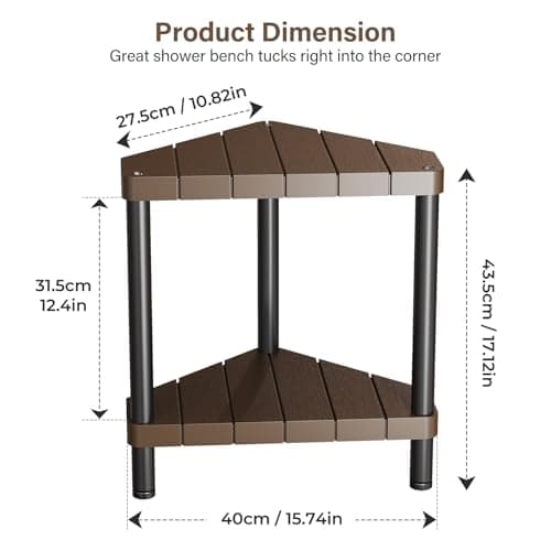 Non-Slip Brown Shower Bench for Inside Corner Showers with Adjustable Feet