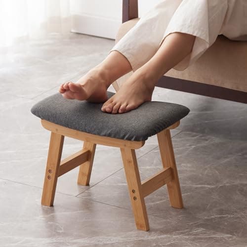 Bamboo Desk Foot Stool, Black Legs & Surface - Extra Seating — Natural Stool Legs - Gray Surface