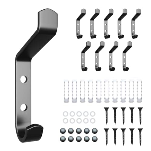 10PCS Heavy Duty Black Metal Wall Hooks for Coat, Towel & Hat Hangers with 20 Screws