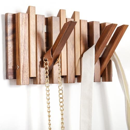 Rustic Wood Wall Coat Rack 6 Hooks 10.4inch Retractable Small Spaces
