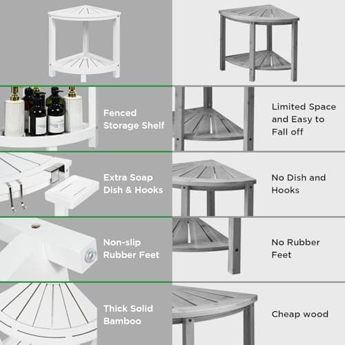 Ollieroo White 2-Tier Bamboo Corner Shower Stool with Storage