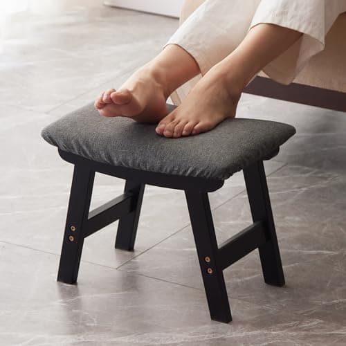 Bamboo Desk Foot Stool, Black Legs & Surface - Extra Seating — Black Stool Legs - Gray Surface