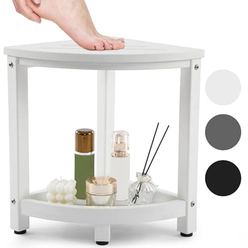 Corner Shower Stool with Storage Shelf - Waterproof HDPE Shower Seat for Indoor/Outdoor Use, White