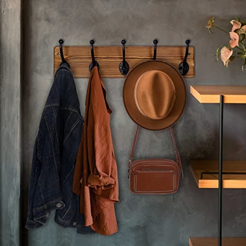 WEBI Rustic Brown Coat Rack with 5 Cast Iron Hooks for Wall Mount