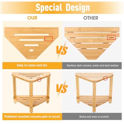 IBosins Corner Shower Stool - Bamboo Wood Shower Bench with Storage for Shaving Legs