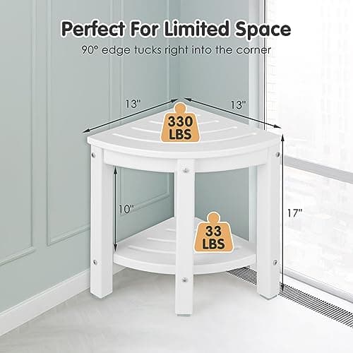 Giantex Waterproof Corner Shower Stool with Storage Shelf (White)