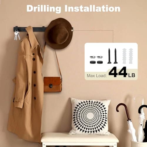 Black Metal Coat Rack, 5 Hooks, Heavy Duty, Wall Mount, Entryway, Bathroom, Garage, RV, 1 PC
