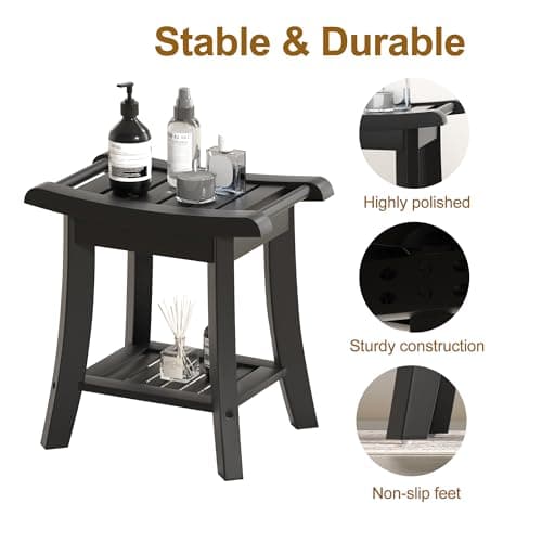 Black Bamboo Shower Bench Stool with Storage for Small Spaces