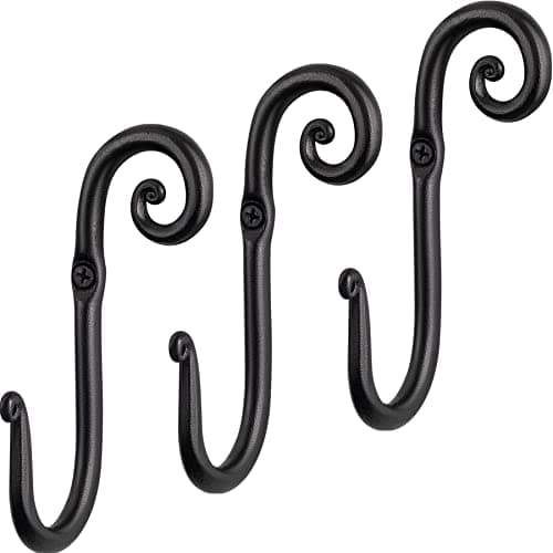 RTZEN Wrought Iron Classic Rustic Wall Hooks - 3 Pack for Coat Towel or Hat — J-Hook Swirl