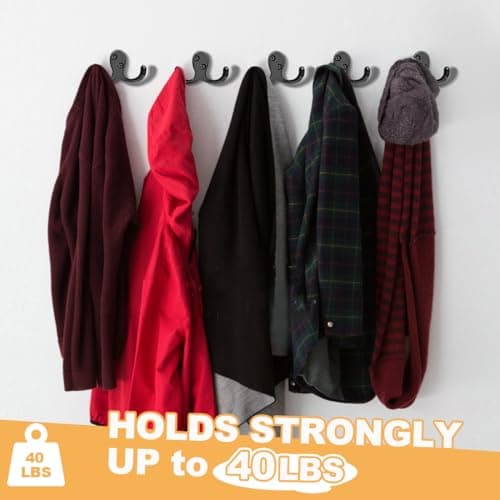 10 Pack Heavy Duty Wall Hooks for Coats, Bags, and Towels - Metal Double Prong (Black)