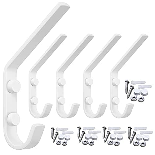Stainless Steel Dual Wall Hook Rack - Double Prong Coat Hooks, 5 Packs — White