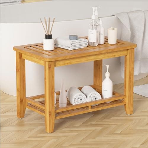 Forevich Bamboo Shower Bench Stool with Storage Shelf Black — Natural