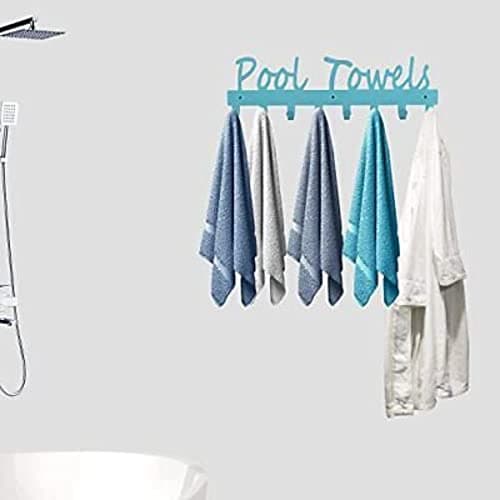 Black Metal Wall Mount Pool Towel Rack, 5 Hook Waterproof Rustproof