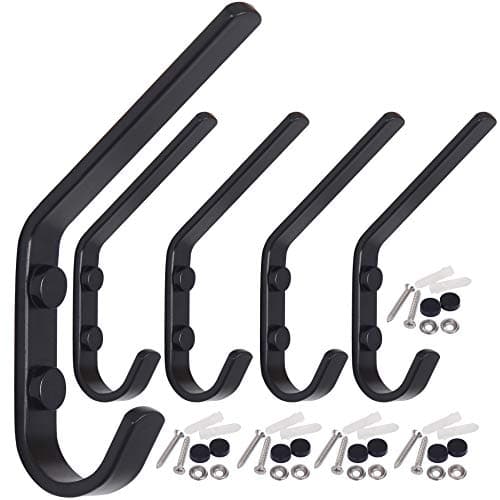 Stainless Steel Dual Wall Hook Rack - Double Prong Coat Hooks, 5 Packs — Black