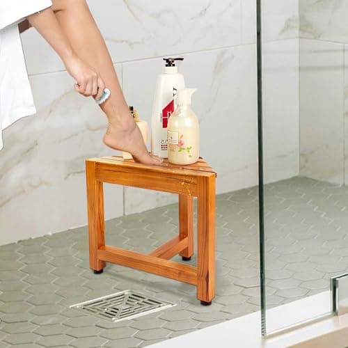 VaeFae Teak Shower Corner Bench, Wooden Foot Rest for Inside Shower