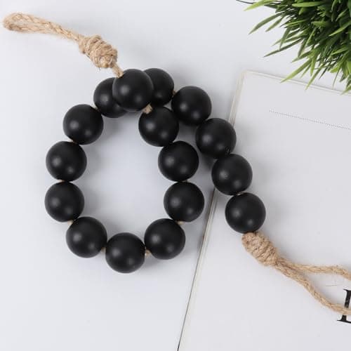 OCIOLI Black Natural Wood Bead Toilet Paper Holder Wall Mount Bathroom Towel Holder
