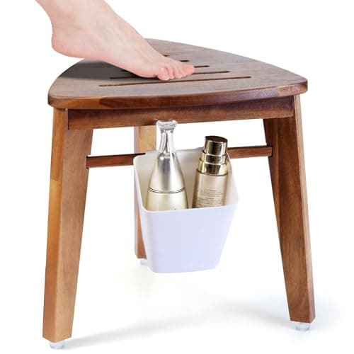 Acacia Wood 12.8'' Shower Stool with Storage Shelf for Small Showers