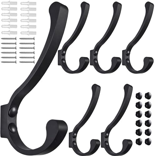 Heavy Duty Black Wall Hooks for Coats, Scarves, Bags, Towels (6 Pack)
