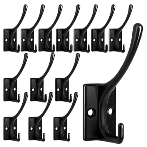 12-Pack Heavy Duty Black Wall Hooks with 24 Screws for Coats, Towels, Scarves — 14 Pcs Black