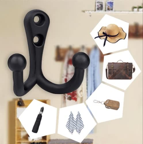 6-pack Heavy Duty Vintage Coat Hooks with Double Prongs for Wall Mounting - Black