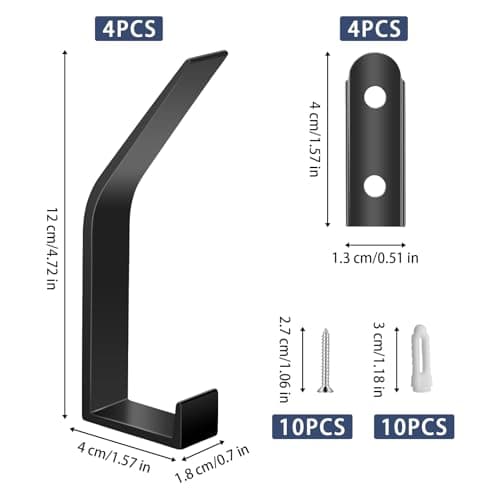 4 Pack Wall Mount Coat Hooks, Heavy Duty Metal Rack with Screws (Black)