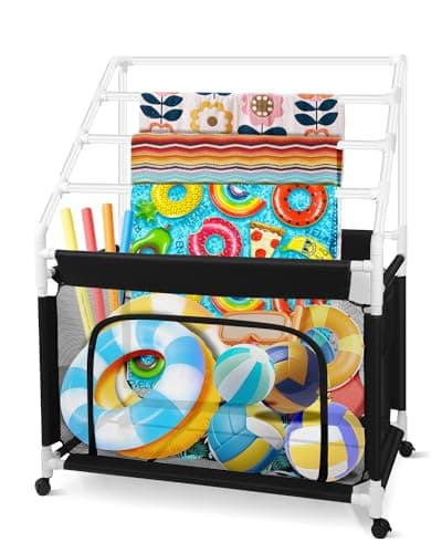 Hutigertech 4 Tier Moveable Poolside Towel Rack with Net and Wheels