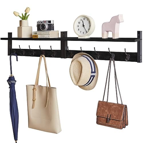 Rustic Brown Wall Mounted Coat Rack with 8 Hooks and Shelf UHWS001H-2 — Black