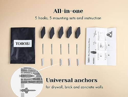 Modern Black Wooden Wall Hooks - Set of 5 for Coats, Bags, Hats