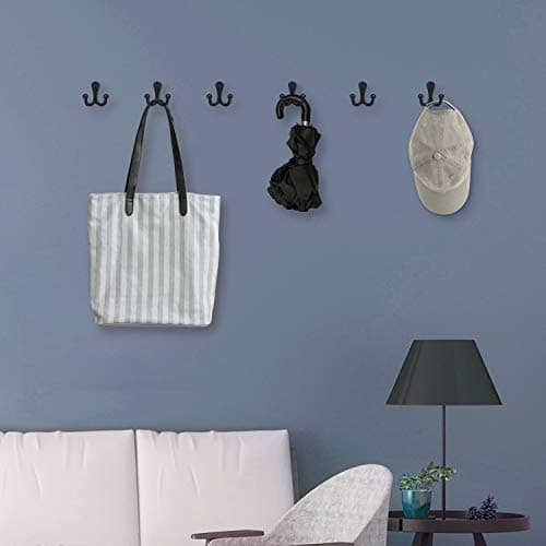 6-pack Heavy Duty Vintage Coat Hooks with Double Prongs for Wall Mounting - Black