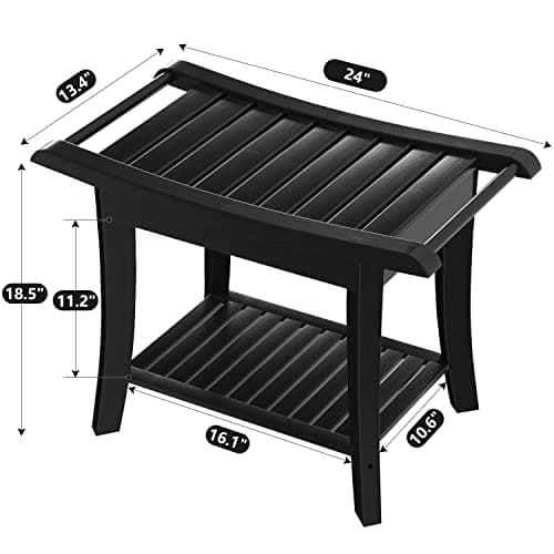 Waterproof Black Bamboo Shower Bench with Storage - Space-Efficient Spa Seat for Bathroom