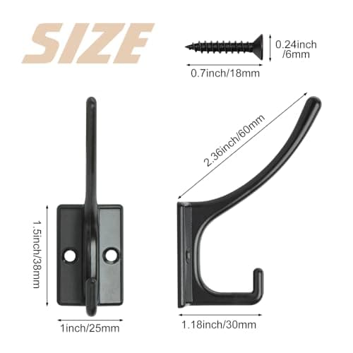 12-Pack Heavy Duty Black Wall Hooks with 24 Screws for Coats, Towels, Scarves