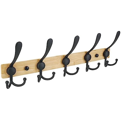 TICONN Wall Mount Coat Rack, 2-Pack White, 5 Heavy-Duty Hooks — Wood Black