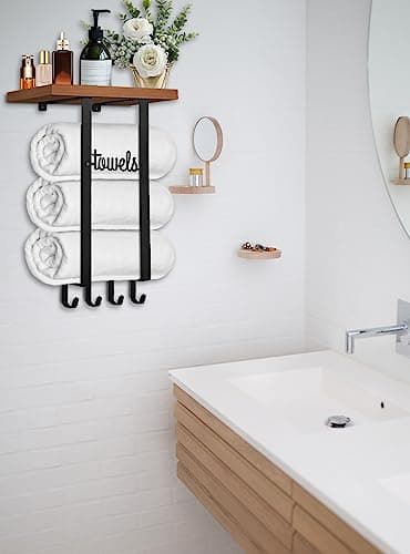 Wooden Shelf Towel Holder with 4 Hooks for Narrow Bathrooms