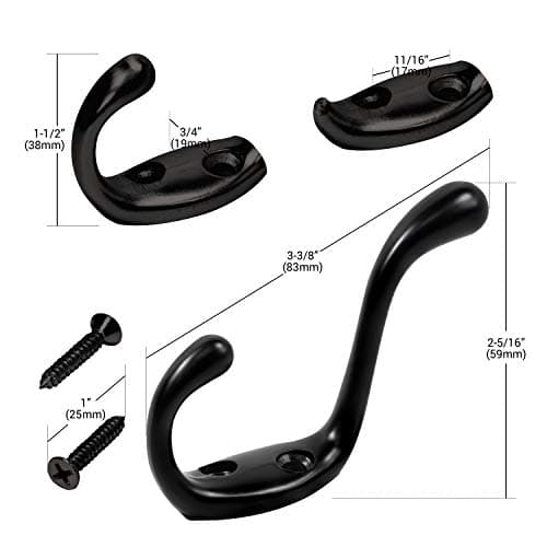 ROK Hardware 3-1/2" Black Heavy Duty Dual Coat Hook, 10 Pack