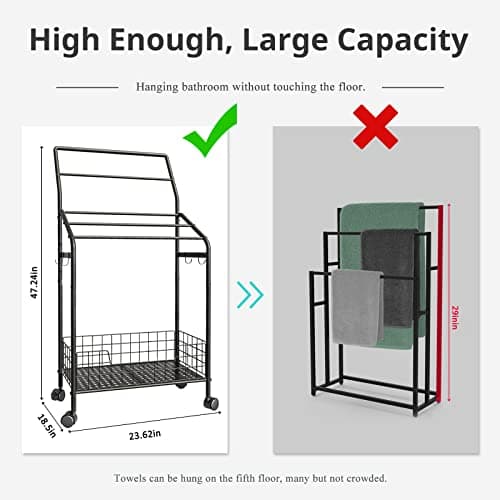5-Tier Metal Towel Rack with Hooks & Lockable Wheels for Bathroom and Living Room