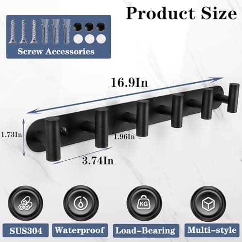 Black Coat Hook Rack with 6 Hooks for Bathroom or Entryway