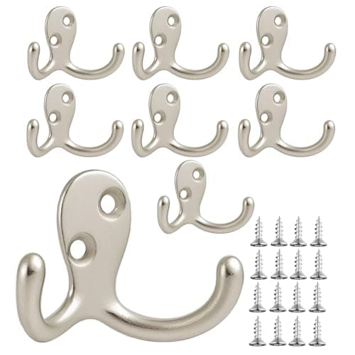 Bronze Double Prong Coat Hooks - 8 Pack, Wall Mounted, Heavy-Duty for Living Room & More — 8pcs Silver