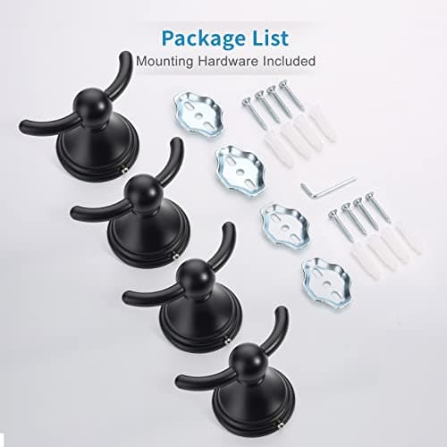 FILTA Matte Black Bathroom Towel & Robe Hooks (4 Pack)