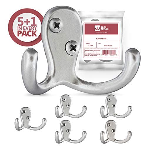Jack N’ Drill 5+1 Pack Black Finish Double Coat Hooks — Matte Nickel