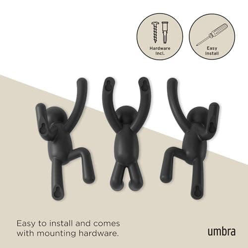 Umbra Buddy Wall Hooks – Decorative Hanging Hooks for Coats, Scarves & More, Set of 3, Black