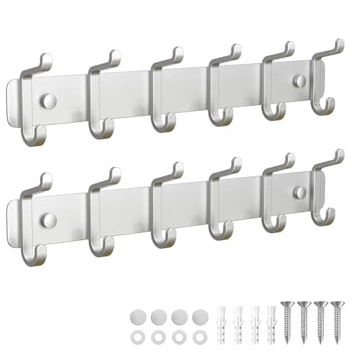 Pickpiff Heavy Duty Black Coat Hook Rail with 6 Dual Hooks for Mudroom, Entryway, and More — Silver