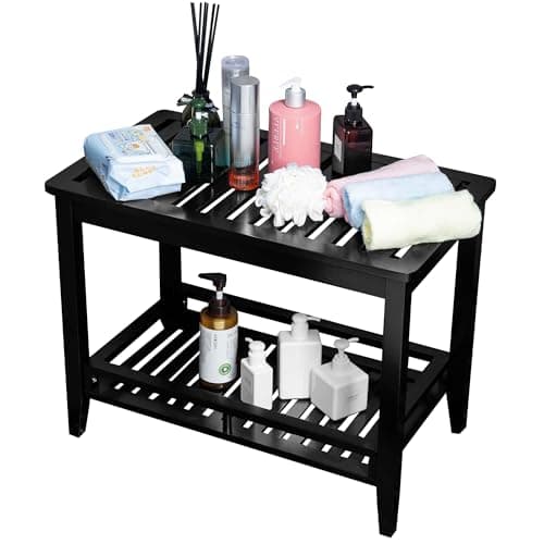 Forevich Bamboo Shower Bench Stool with Storage Shelf Black
