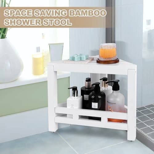 Waterproof White Bamboo Shower Stool with Leg Shaving Storage (13.5 in)
