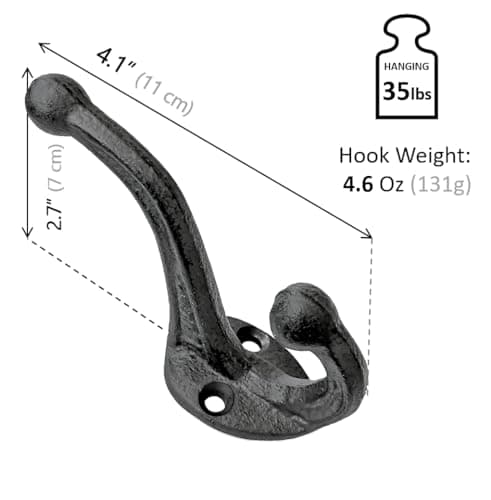 5-Pack Ambipolar Heavy Duty Cast Iron Wall Hooks - Rustic Antique Black for Mudroom and More