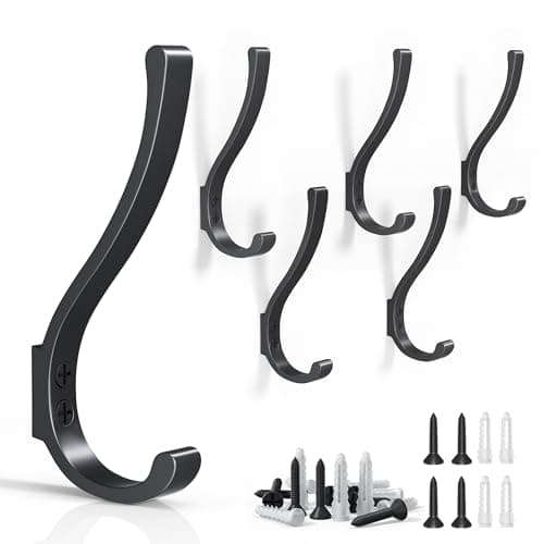 6PCS Large Black Coat Hooks, Heavy Duty for Backpacks, Bathroom, Mudroom, Entryway