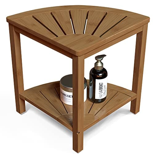 Zhuoyue Bamboo Corner Shower Stool with Storage, Waterproof for Bathroom & Shower — Walnut