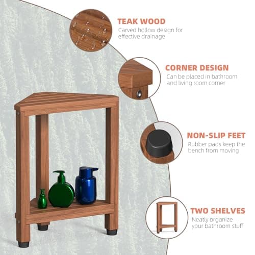 Teak Corner Shower Stool for Shaving Legs and Storage Shelf