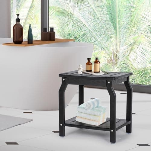 Ergonomic Black HDPE Shower Bench with Storage, Non-Slip Pads for Seniors & Adults