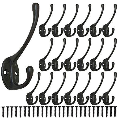 10 Pack Retro Double Utility Coat Hooks for Bath Kitchen Garage (3 Prongs, 50 Screws Included) — Black